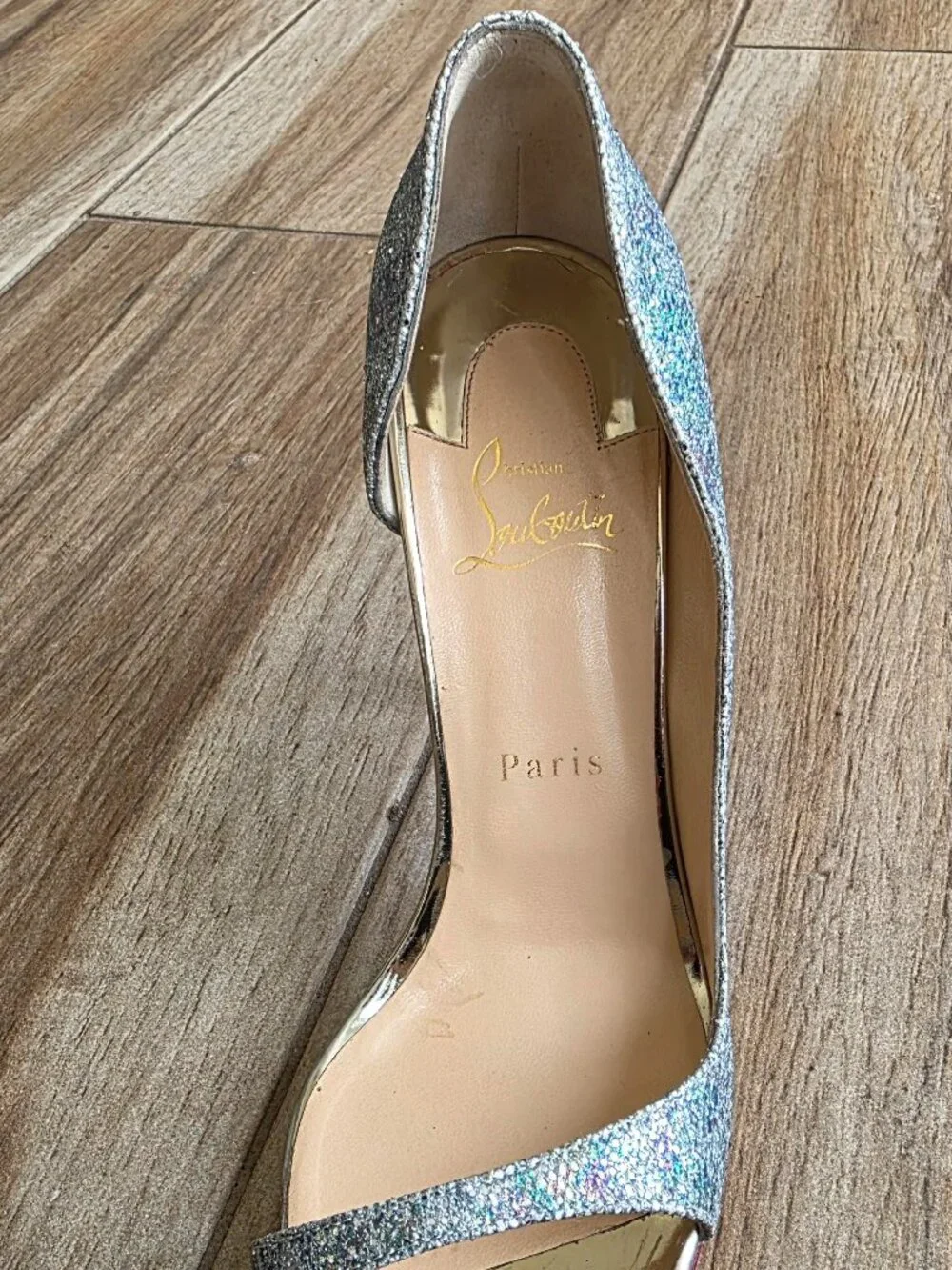 Christian Louboutin Toboggan D'Orsay 100 Glitter Blue/Grey Strap Shoe Eur. 39.5
